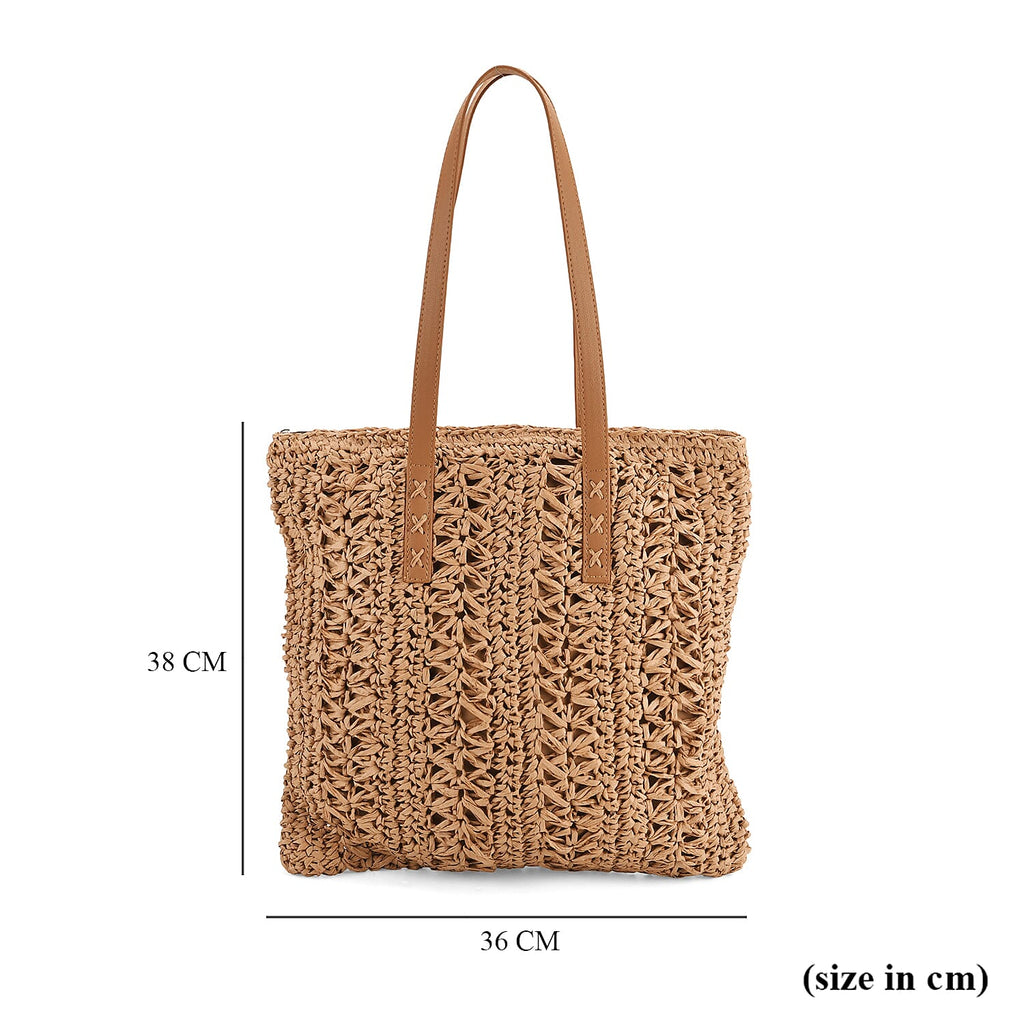 Bohemian Crochet Tote Bag with Shoulder Straps - Khaki