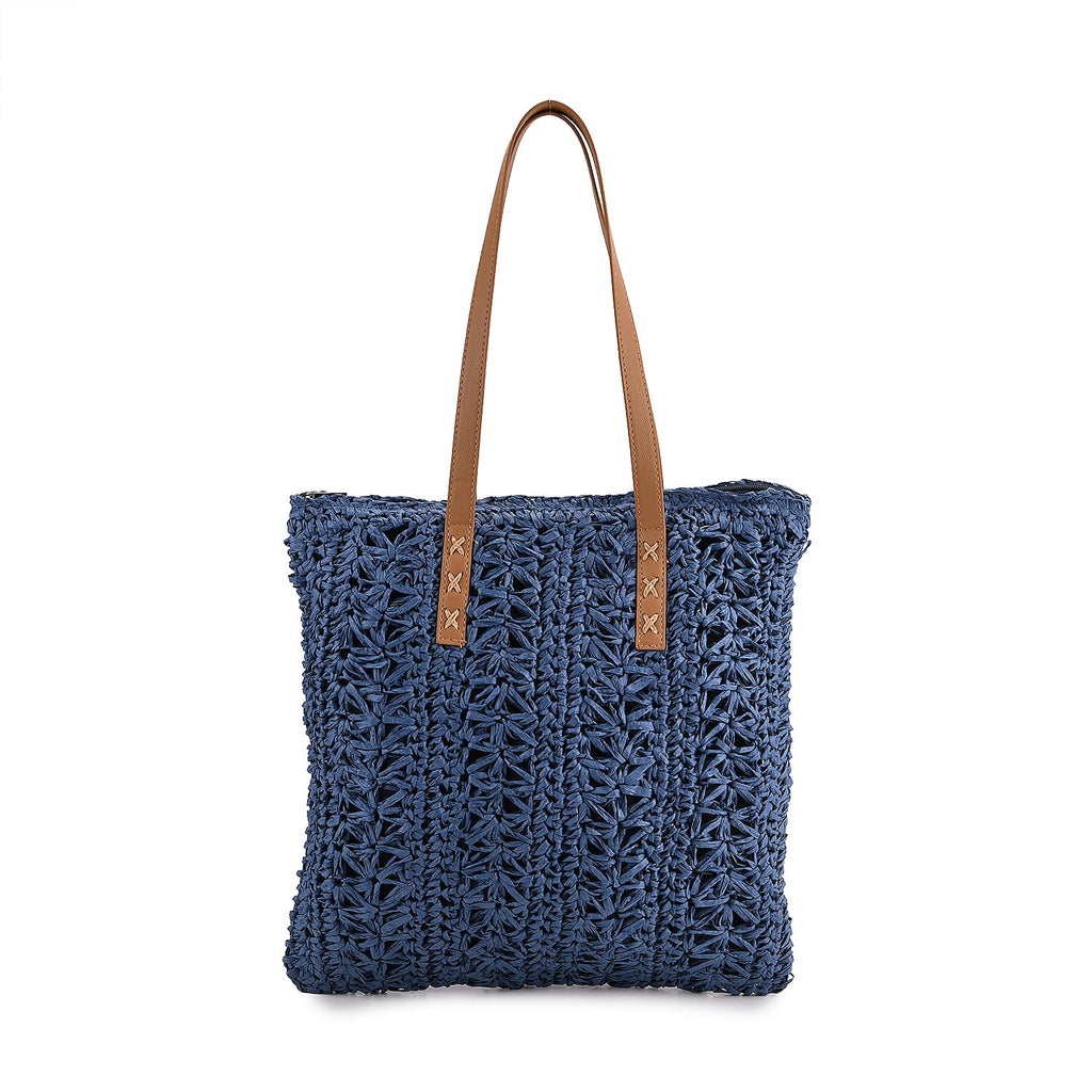 Bohemian Crochet Tote Bag with Shoulder Straps - Navy