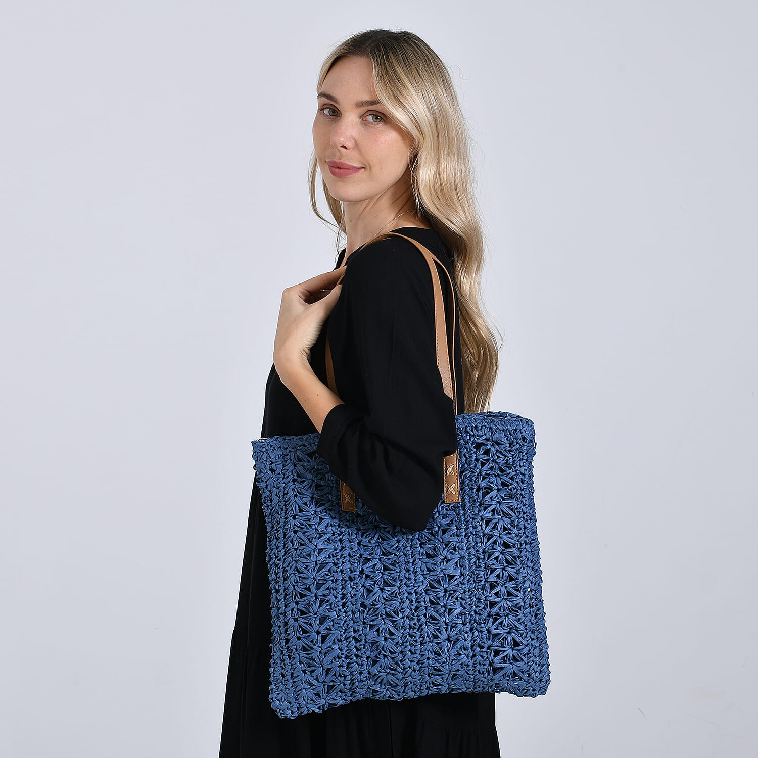 Bohemian Crochet Tote Bag with Shoulder Straps - Navy