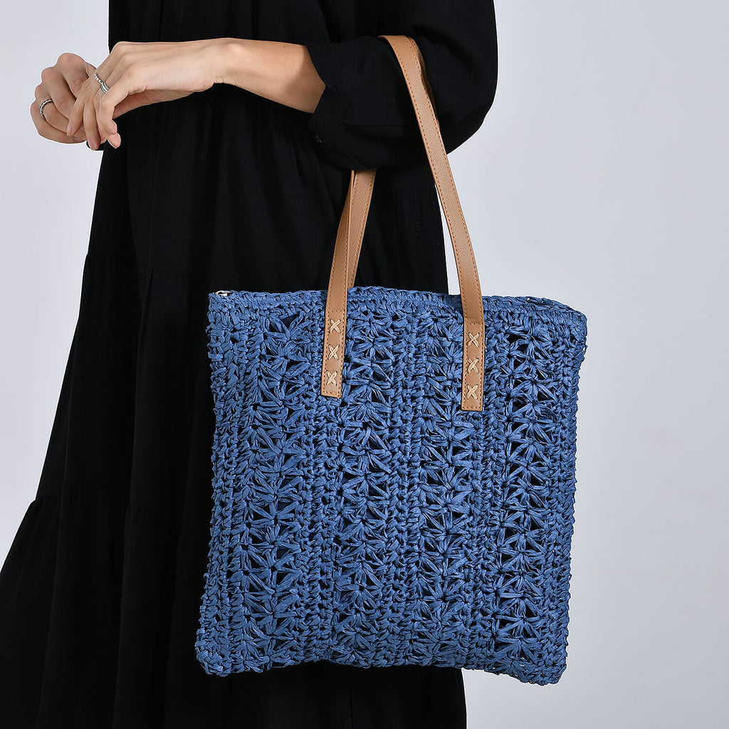 Bohemian Crochet Tote Bag with Shoulder Straps - Navy