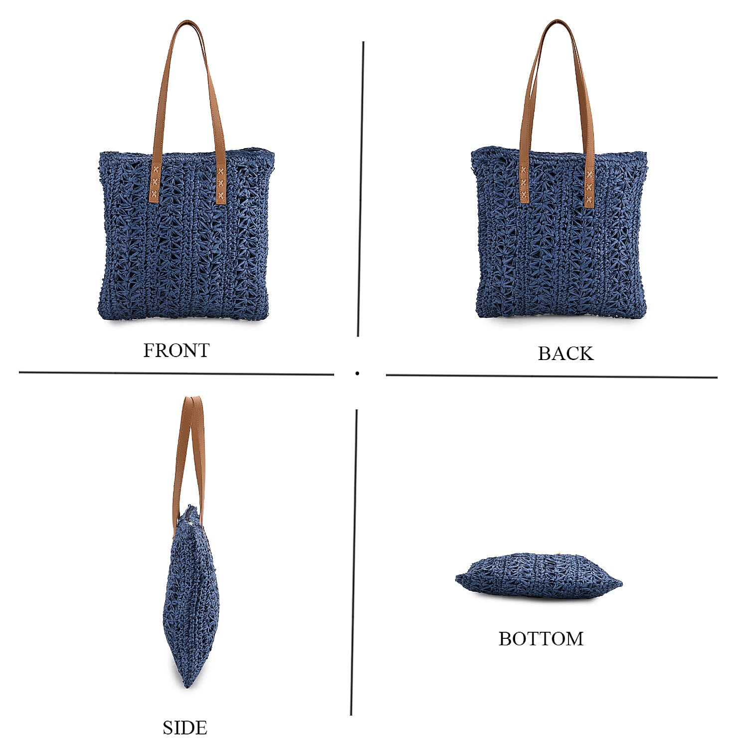 Bohemian Crochet Tote Bag with Shoulder Straps - Navy