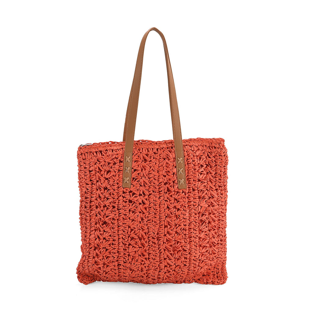 Bohemian Crochet Tote Bag with Shoulder Straps - Orange