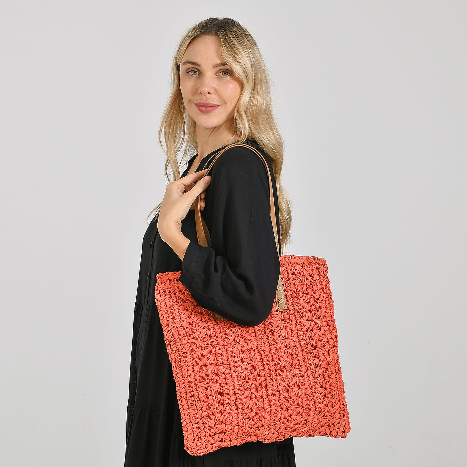Bohemian Crochet Tote Bag with Shoulder Straps - Orange