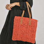 Bohemian Crochet Tote Bag with Shoulder Straps - Orange