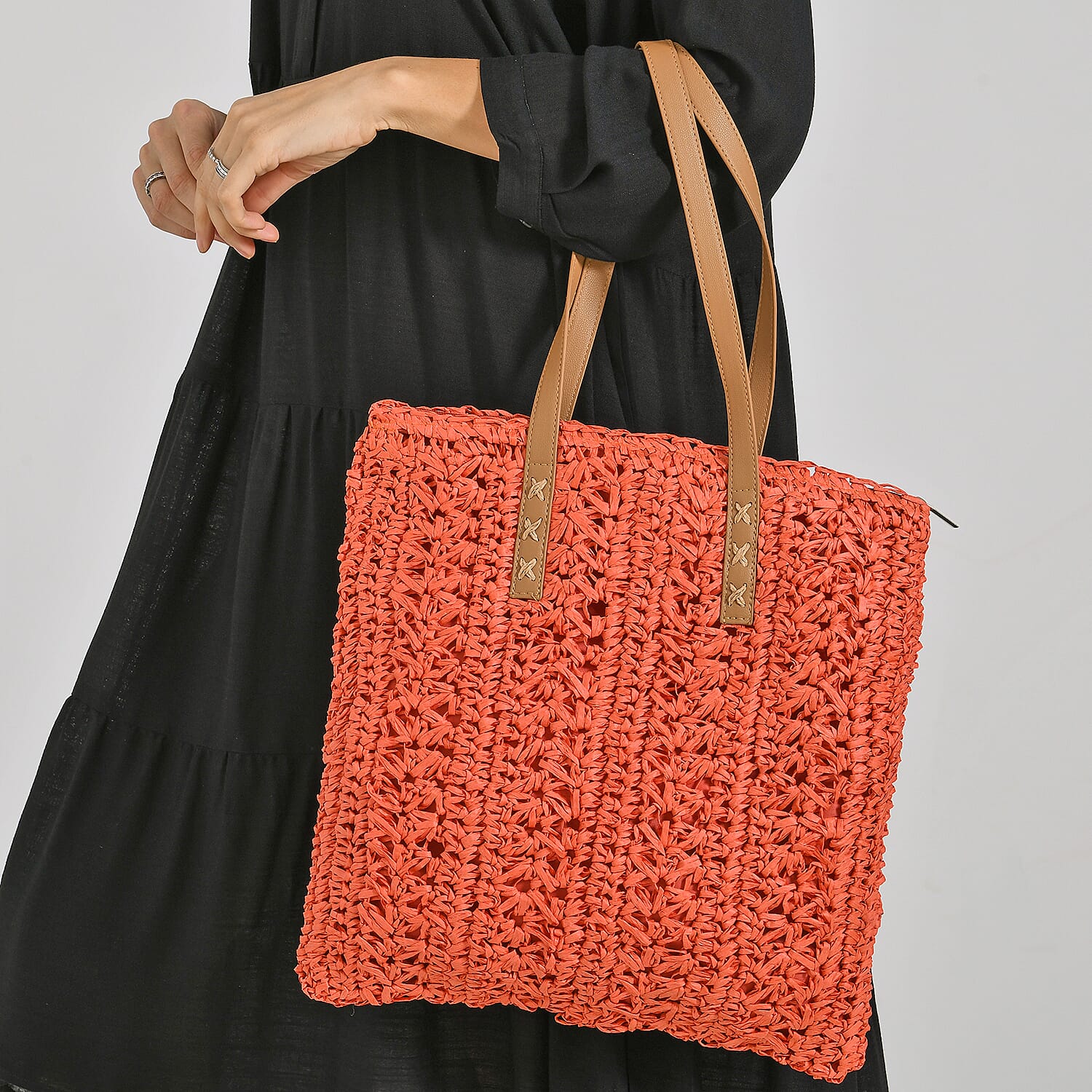 Bohemian Crochet Tote Bag with Shoulder Straps - Orange