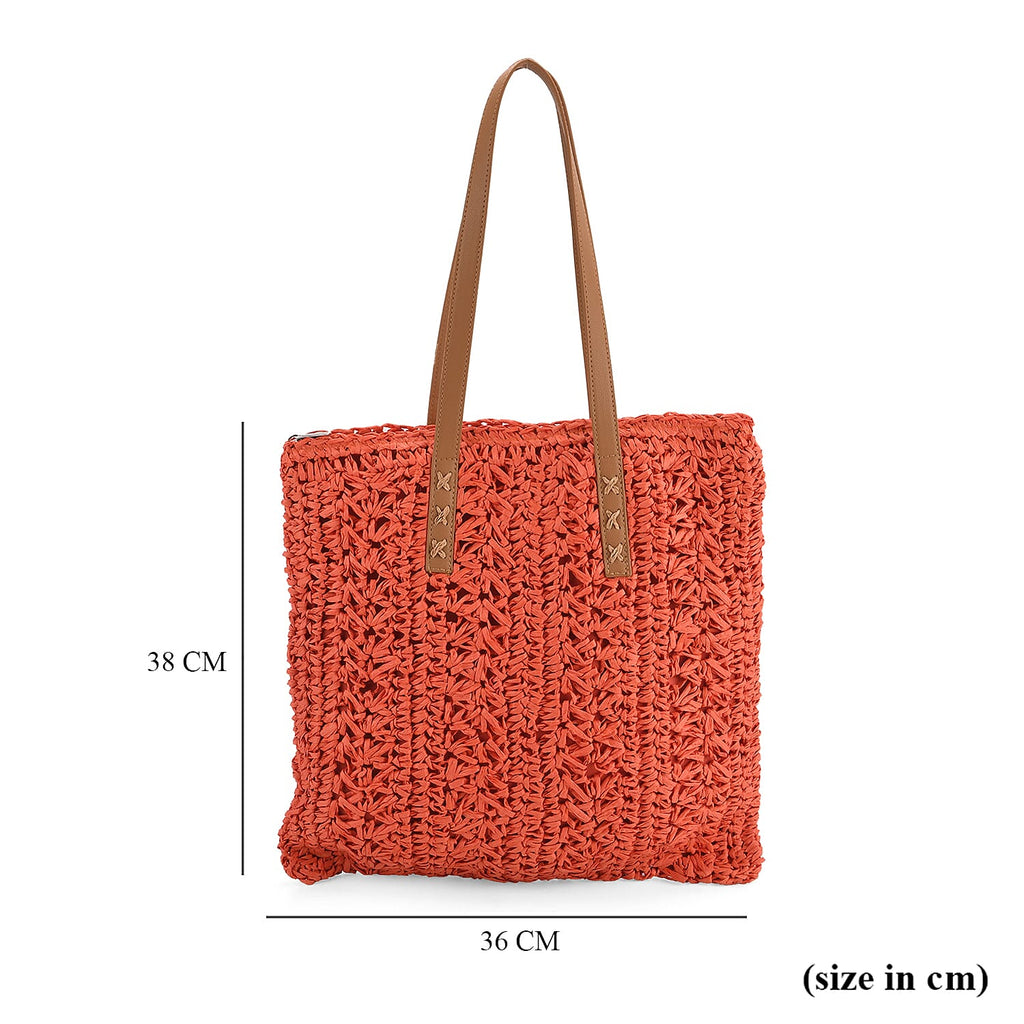 Bohemian Crochet Tote Bag with Shoulder Straps - Orange