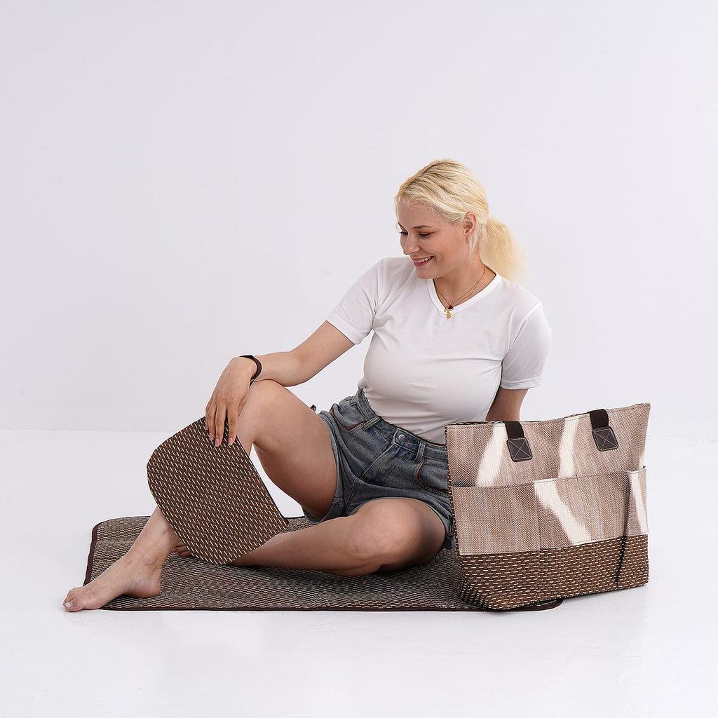 Set of 3- Tote Bag, Pouch - Picnic Mat - Khaki