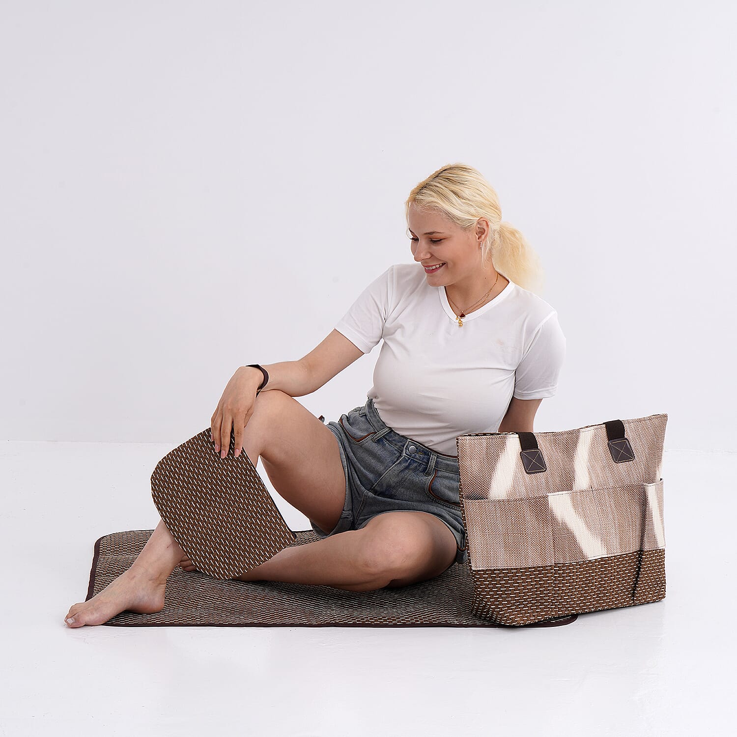 Set of 3- Tote Bag, Pouch - Picnic Mat - Khaki