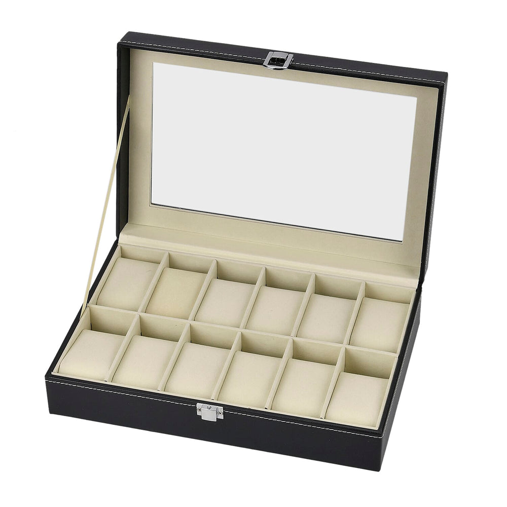 Luxury Watch Display Box with 12 Velvet Watch Cushions With Transparent Window (Size 30x20x8 cm) - Black