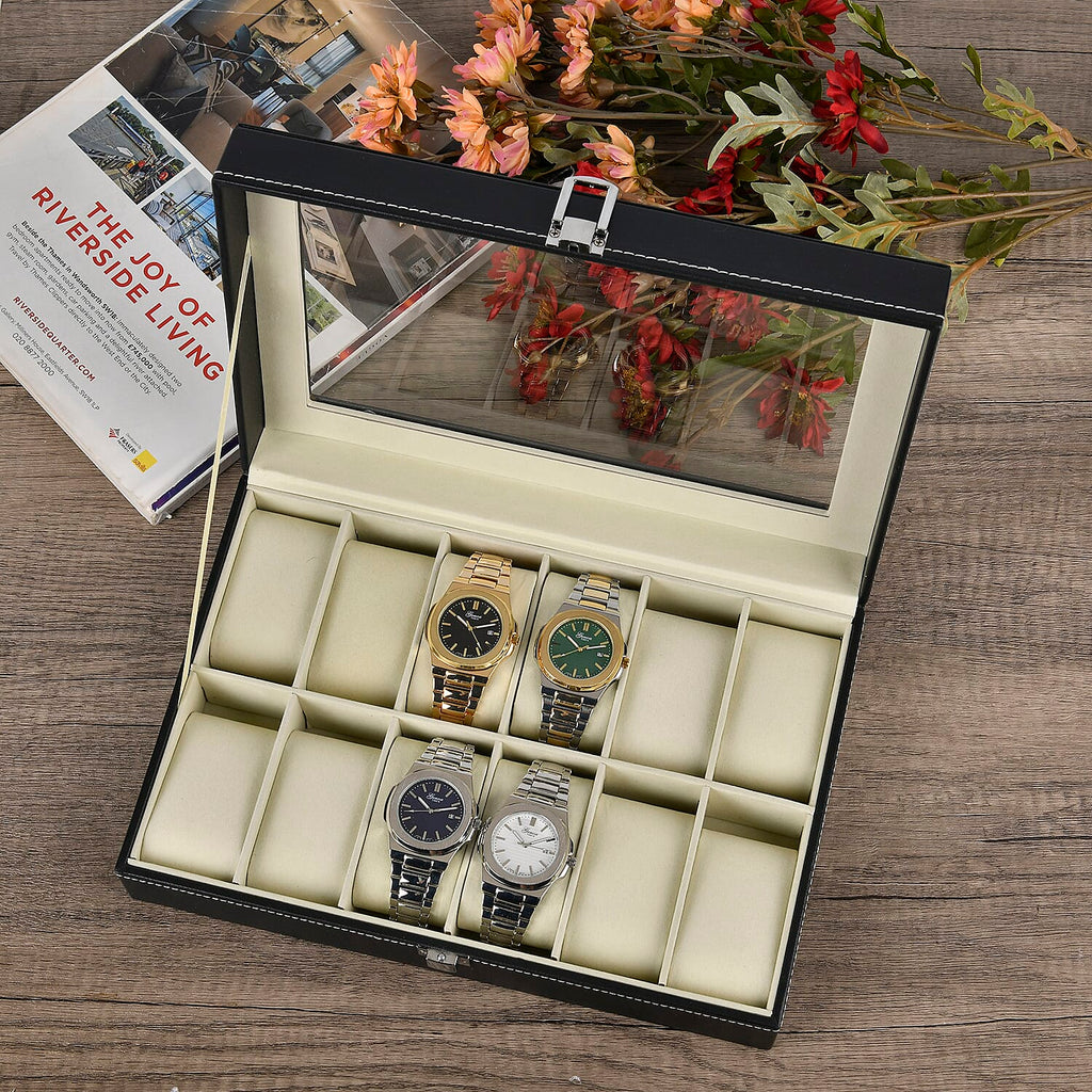 Luxury Watch Display Box with 12 Velvet Watch Cushions With Transparent Window (Size 30x20x8 cm) - Black