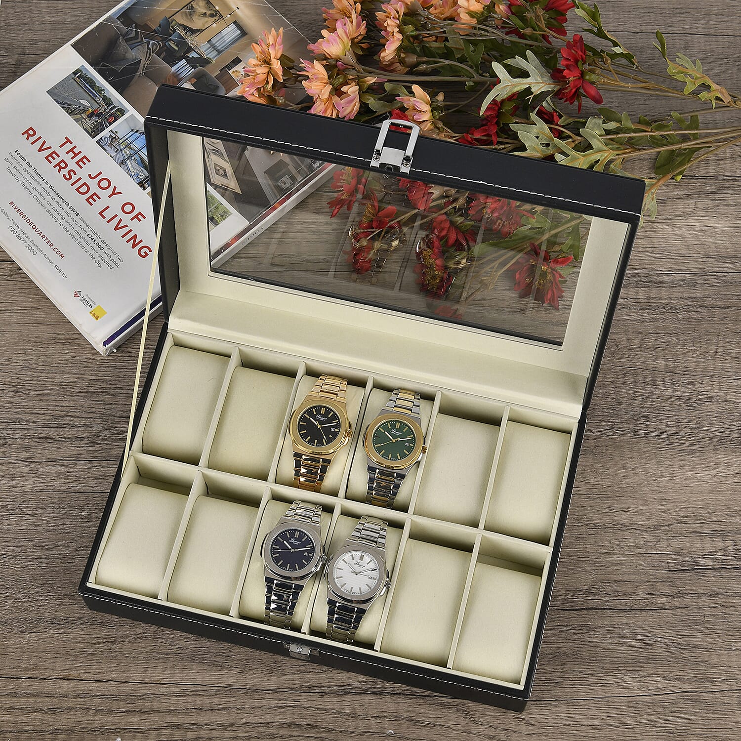 Luxury Watch Display Box with 12 Velvet Watch Cushions With Transparent Window (Size 30x20x8 cm) - Black