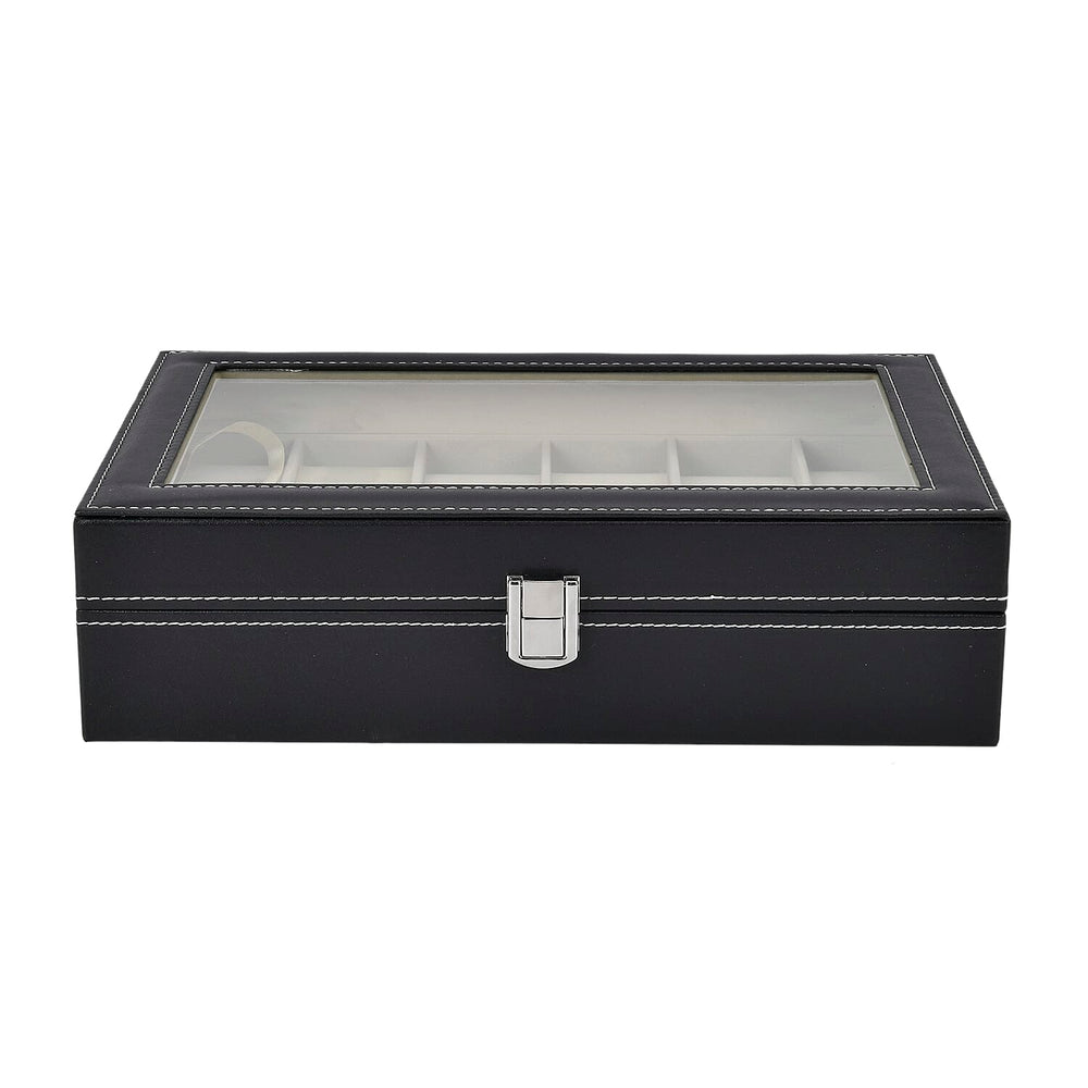 Luxury Watch Display Box with 12 Velvet Watch Cushions With Transparent Window (Size 30x20x8 cm) - Black