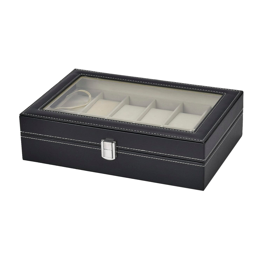 Luxury Watch Display Box with 12 Velvet Watch Cushions With Transparent Window (Size 30x20x8 cm) - Black