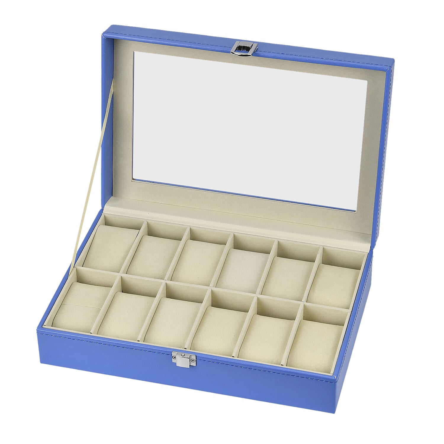 Leatherette 12 Slot Watch Box with Glass Window (Size 30x20x8 cm) - Blue