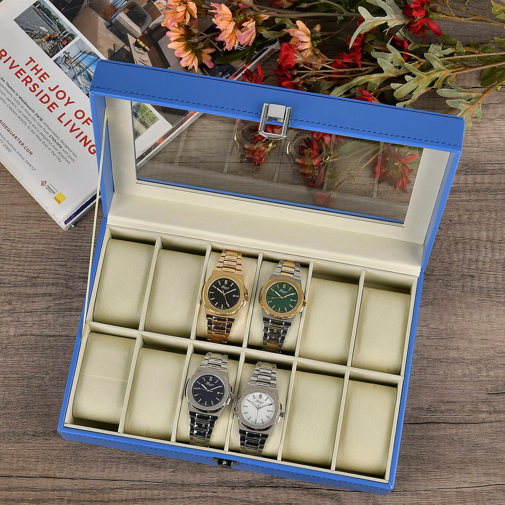 Leatherette 12 Slot Watch Box with Glass Window (Size 30x20x8 cm) - Blue