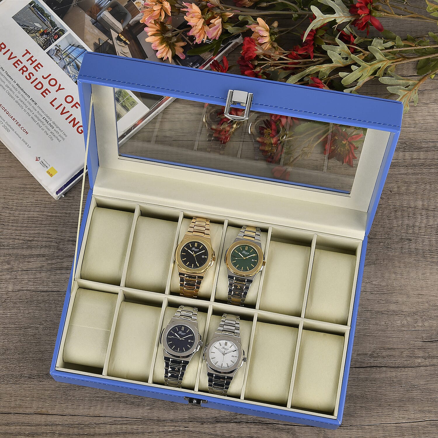 Leatherette 12 Slot Watch Box with Glass Window (Size 30x20x8 cm) - Blue