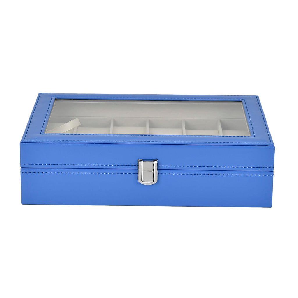 Leatherette 12 Slot Watch Box with Glass Window (Size 30x20x8 cm) - Blue