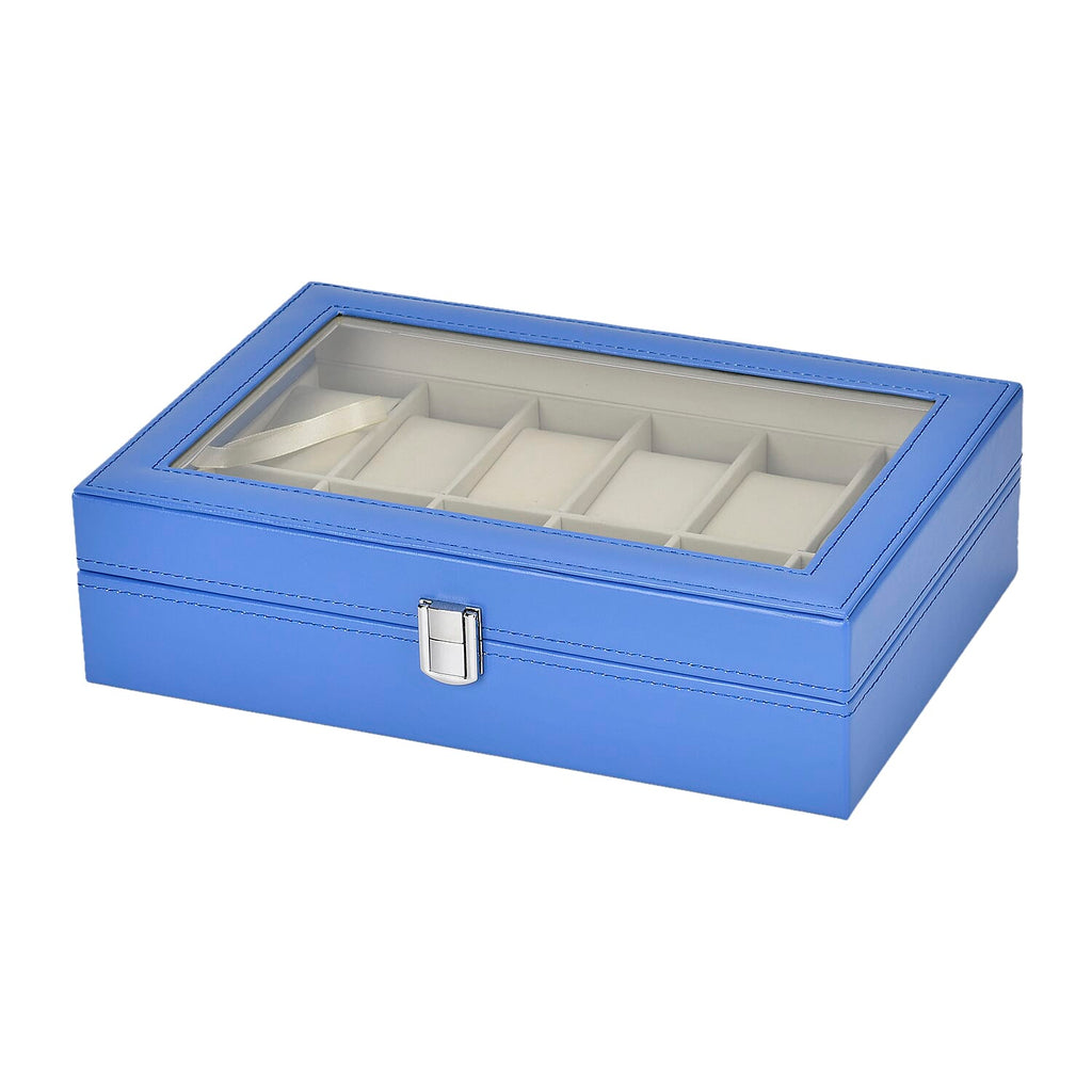 Leatherette 12 Slot Watch Box with Glass Window (Size 30x20x8 cm) - Blue