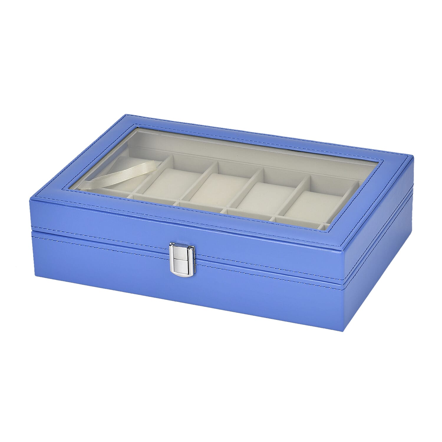 Leatherette 12 Slot Watch Box with Glass Window (Size 30x20x8 cm) - Blue