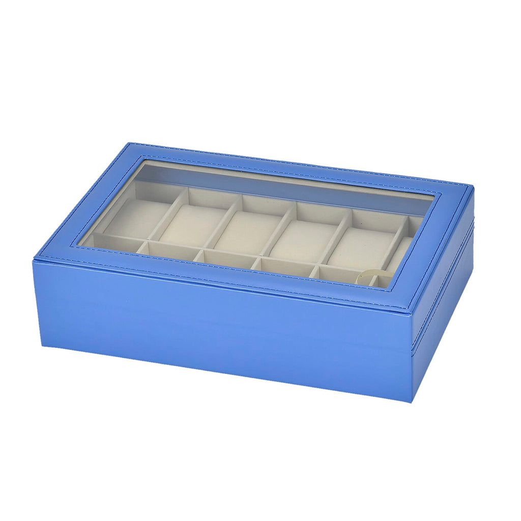 Leatherette 12 Slot Watch Box with Glass Window (Size 30x20x8 cm) - Blue