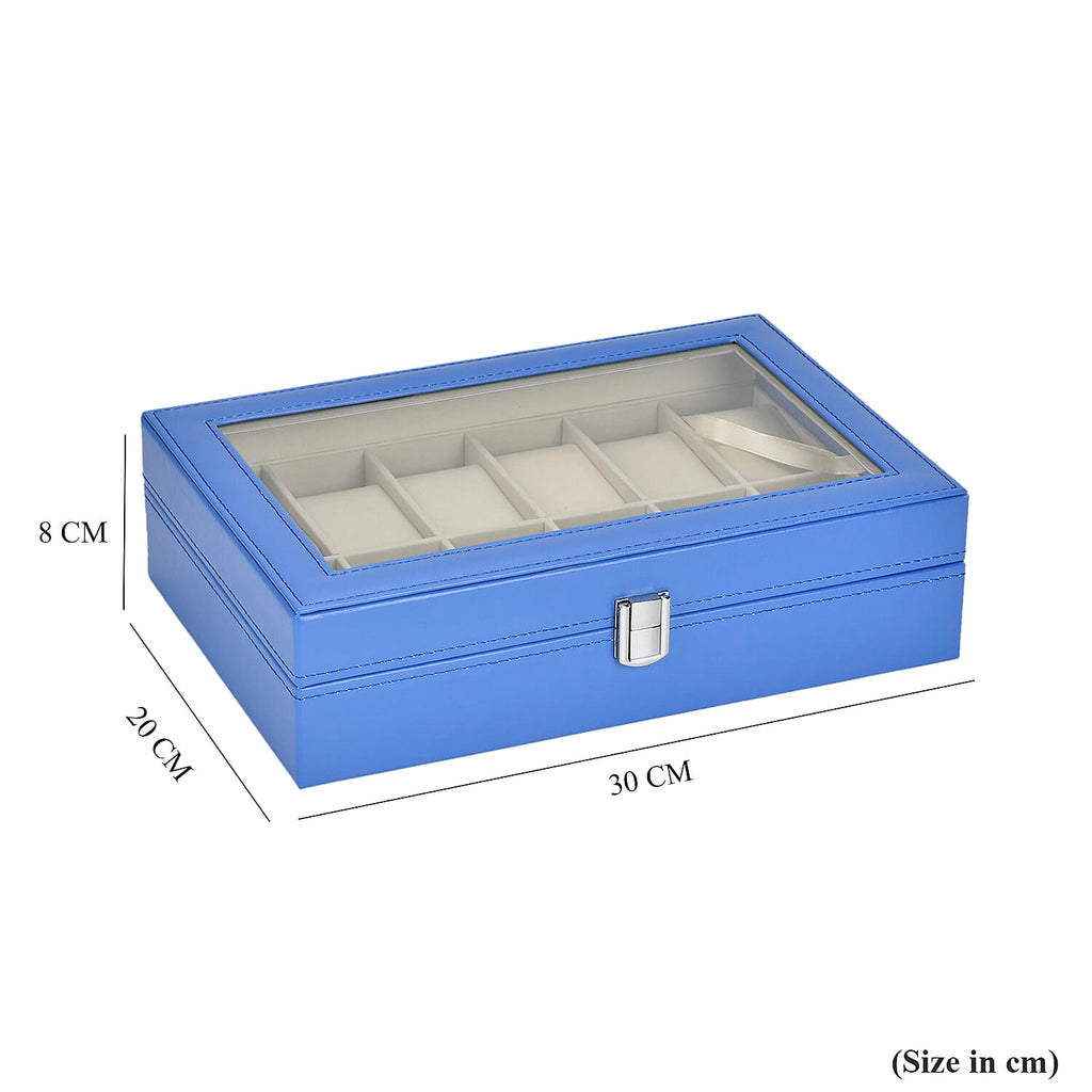 Leatherette 12 Slot Watch Box with Glass Window (Size 30x20x8 cm) - Blue