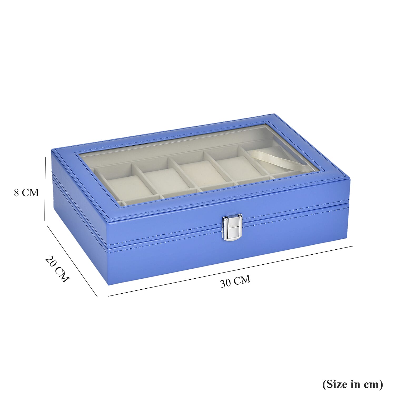 Leatherette 12 Slot Watch Box with Glass Window (Size 30x20x8 cm) - Blue