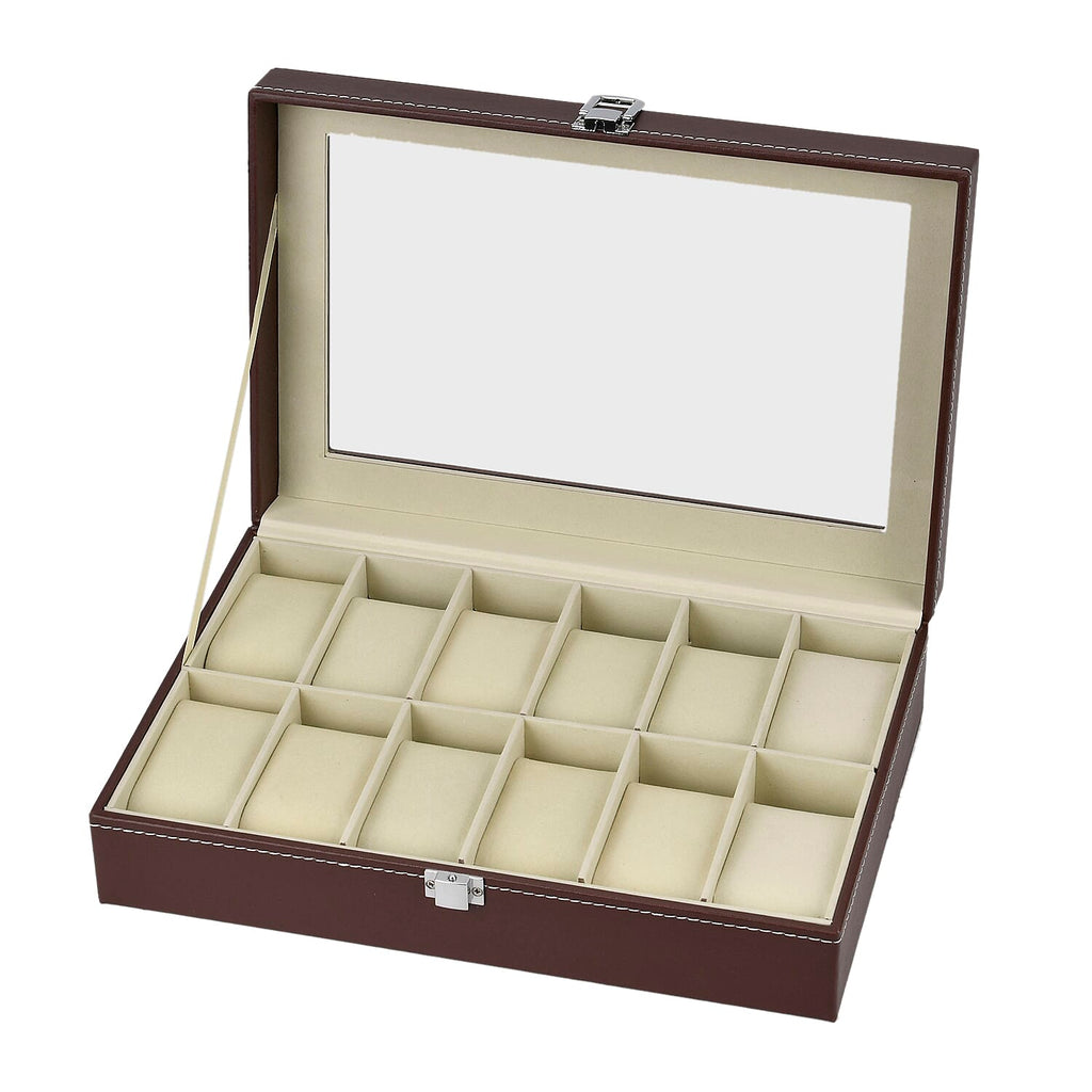 Luxury Watch Display Box With 12 Velvet Watch Cushions With Tansparent Window - Brown