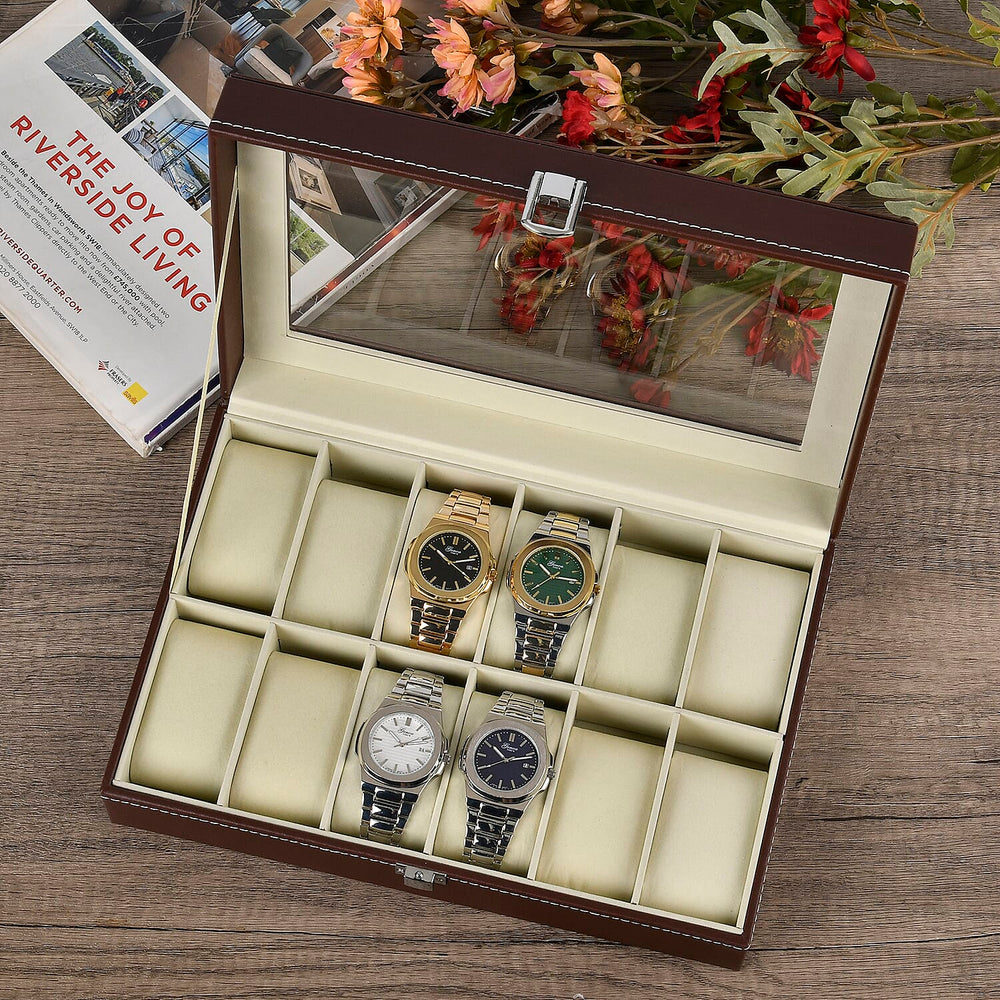 Luxury Watch Display Box With 12 Velvet Watch Cushions With Tansparent Window - Brown