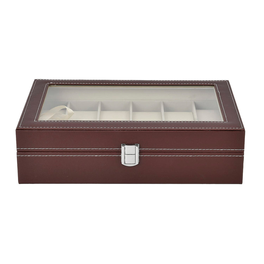 Luxury Watch Display Box With 12 Velvet Watch Cushions With Tansparent Window - Brown