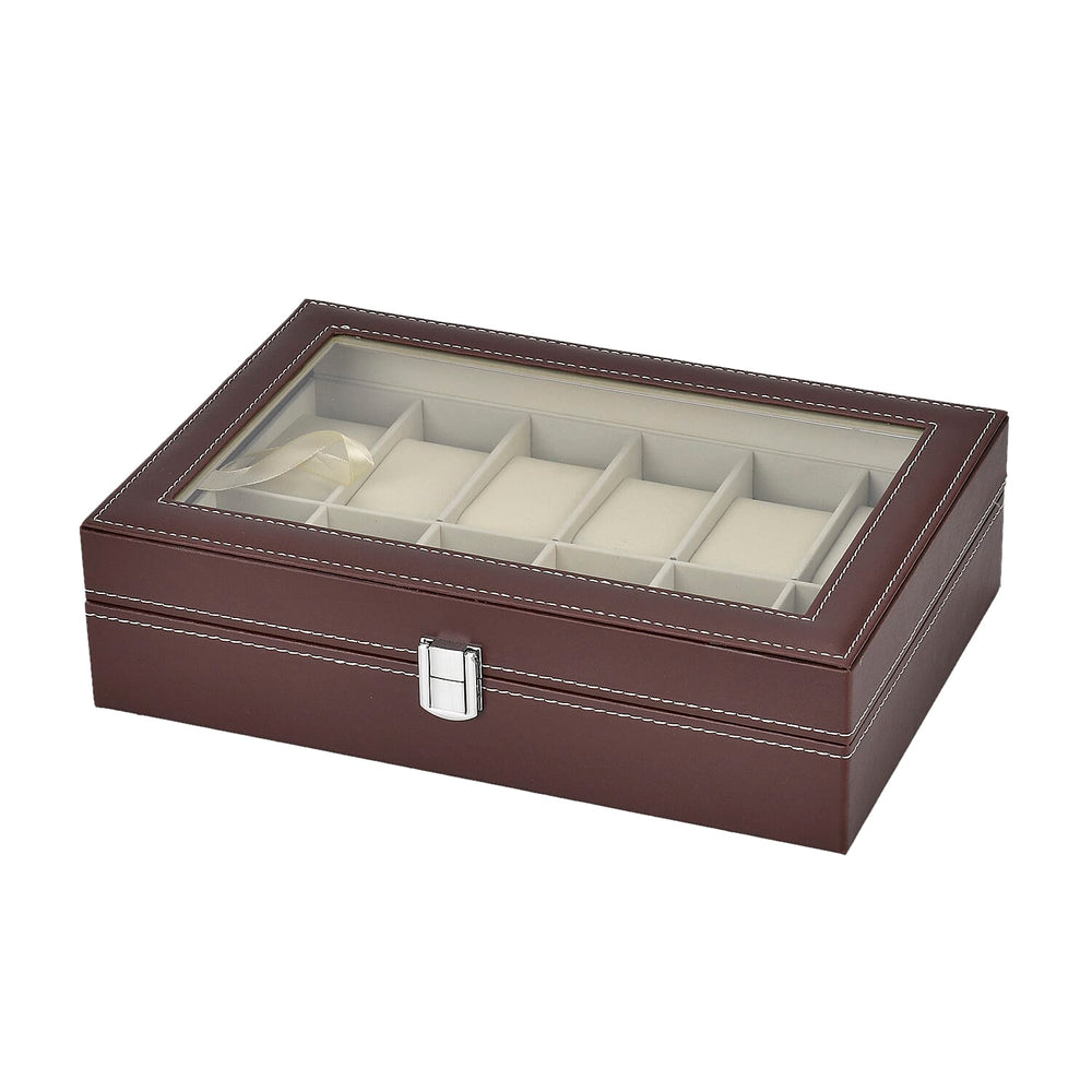 Luxury Watch Display Box With 12 Velvet Watch Cushions With Tansparent Window - Brown