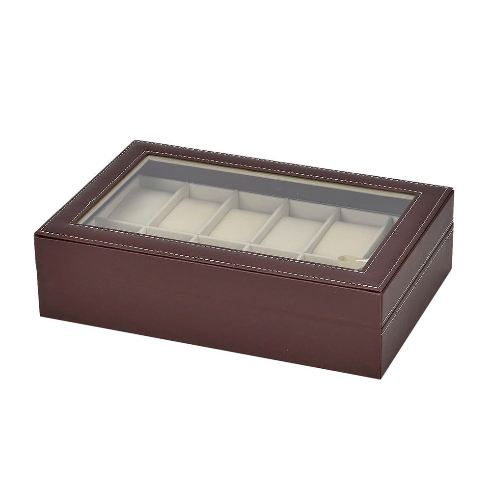Luxury Watch Display Box With 12 Velvet Watch Cushions With Tansparent Window - Brown
