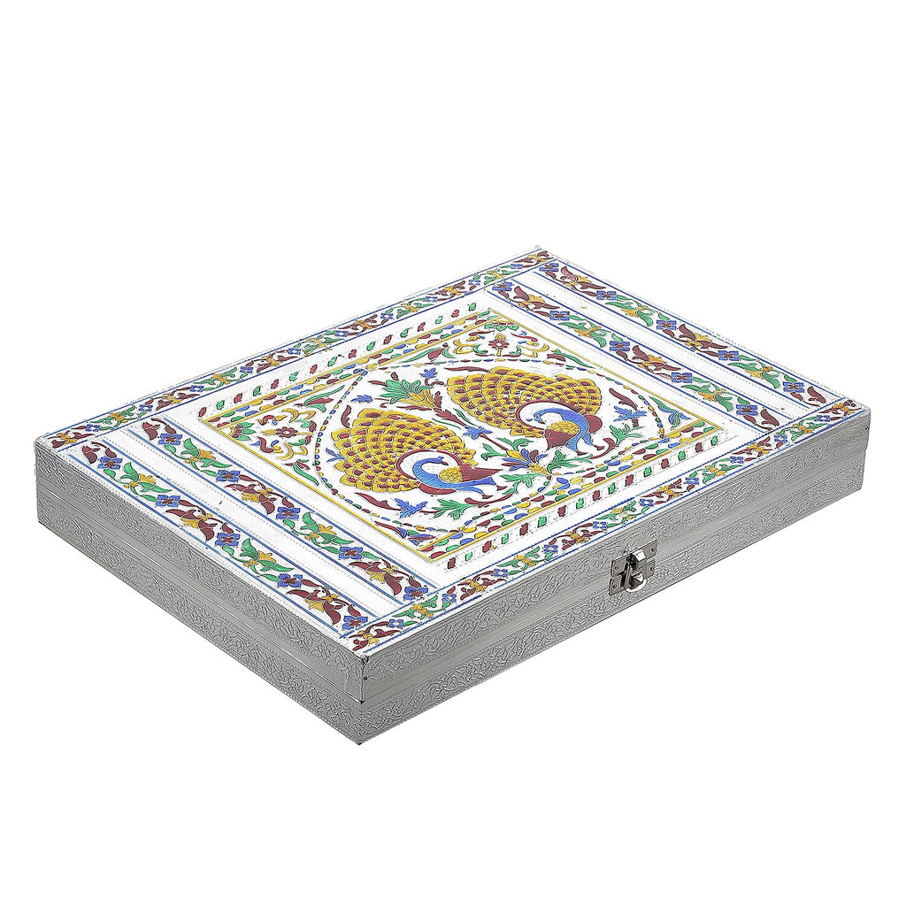 Oxidized Ring Box with Dancing Peacocks Hold Upto 150 Rings (Size 35x25x5 cm) - Silver