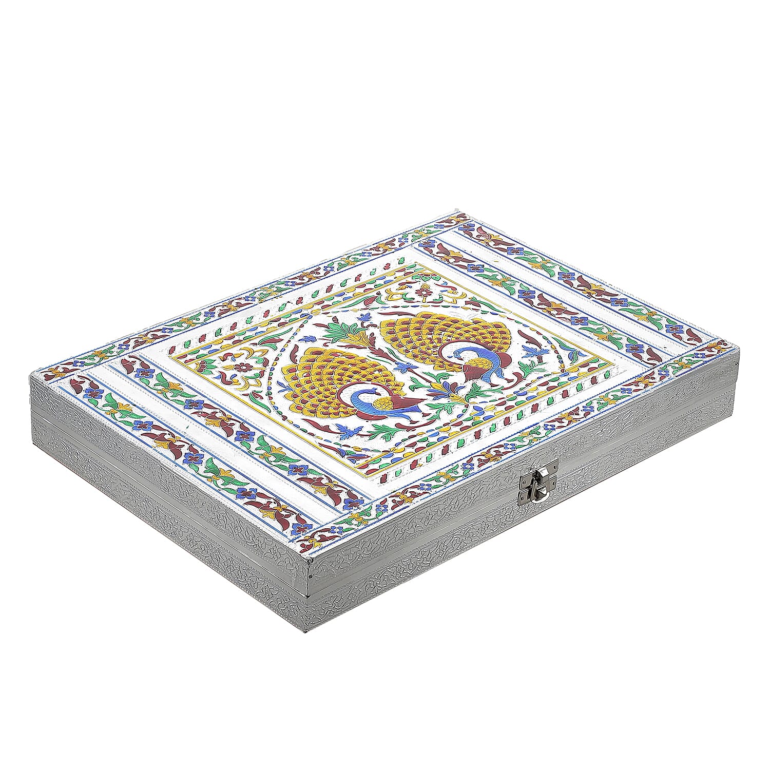 Oxidized Ring Box with Dancing Peacocks Hold Upto 150 Rings (Size 35x25x5 cm) - Silver