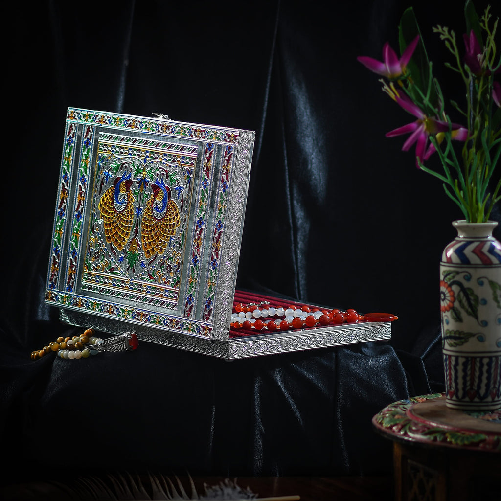 Oxidized Ring Box with Dancing Peacocks Hold Upto 150 Rings (Size 35x25x5 cm) - Silver