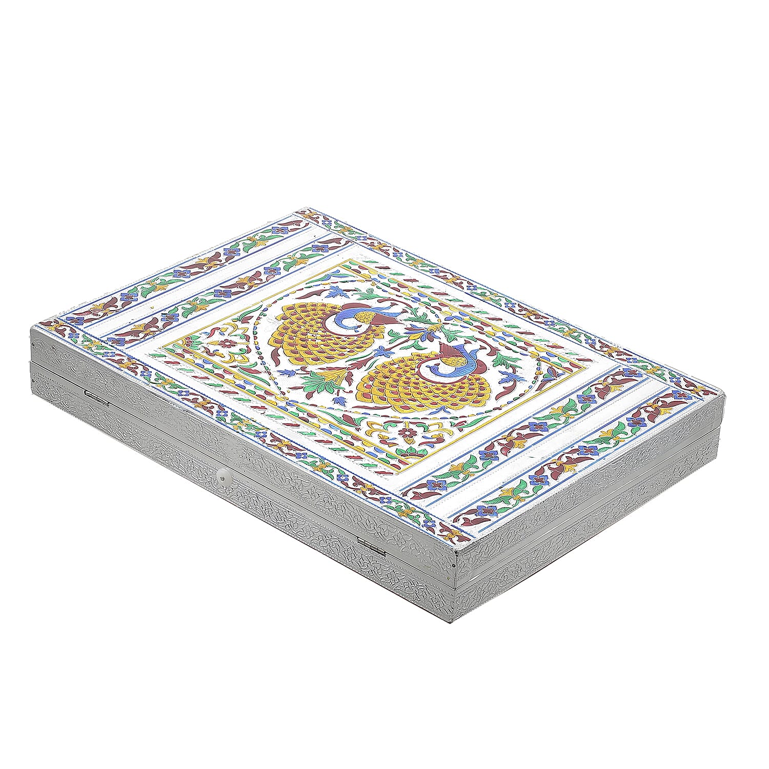 Oxidized Ring Box with Dancing Peacocks Hold Upto 150 Rings (Size 35x25x5 cm) - Silver