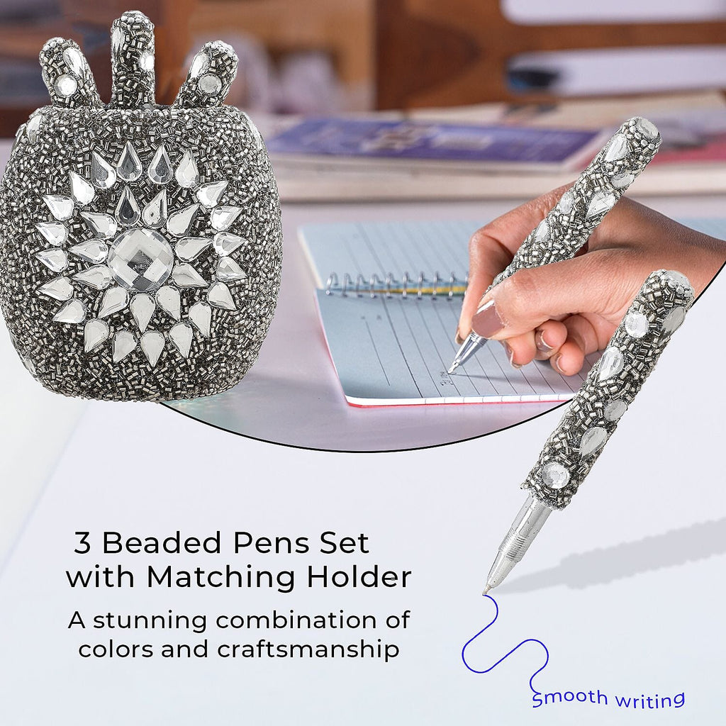 Handcrafted Set of 3 Grey Rhinestone Beaded Pens with Matching Holder Colour - Grey
