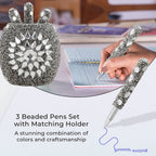 Handcrafted Set of 3 Grey Rhinestone Beaded Pens with Matching Holder Colour - Grey