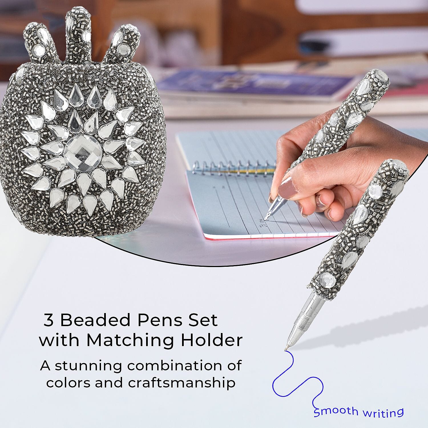 Handcrafted Set of 3 Grey Rhinestone Beaded Pens with Matching Holder Colour - Grey