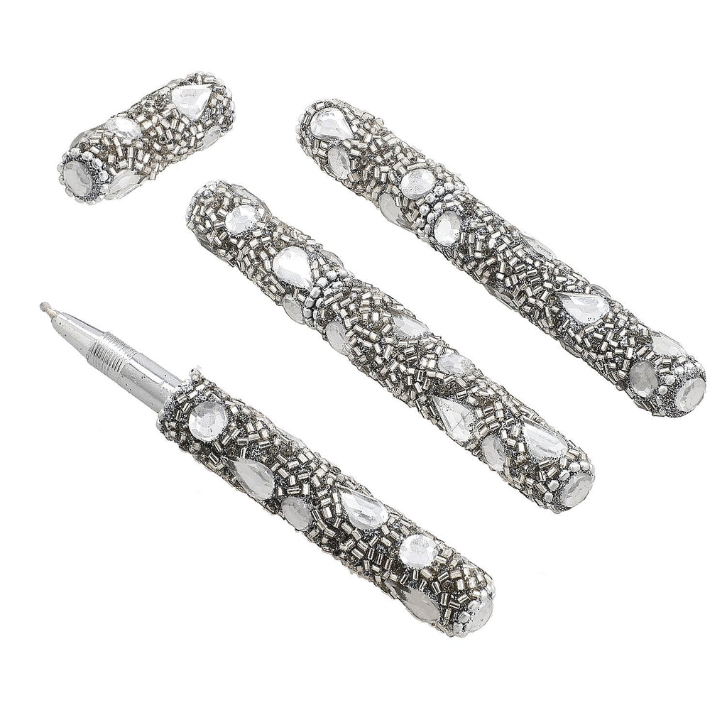 Handcrafted Set of 3 Grey Rhinestone Beaded Pens with Matching Holder Colour - Grey