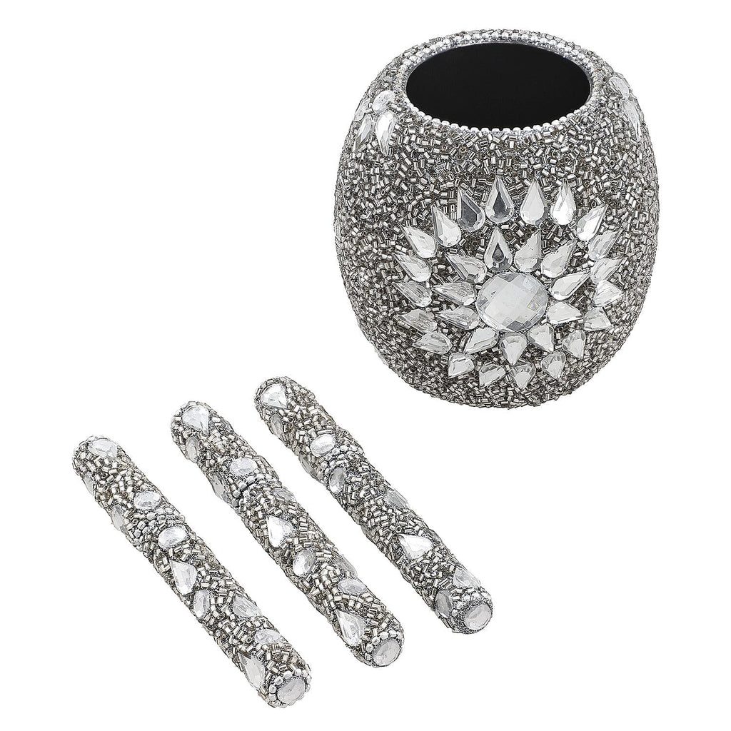 Handcrafted Set of 3 Grey Rhinestone Beaded Pens with Matching Holder Colour - Grey