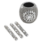 Handcrafted Set of 3 Grey Rhinestone Beaded Pens with Matching Holder Colour - Grey