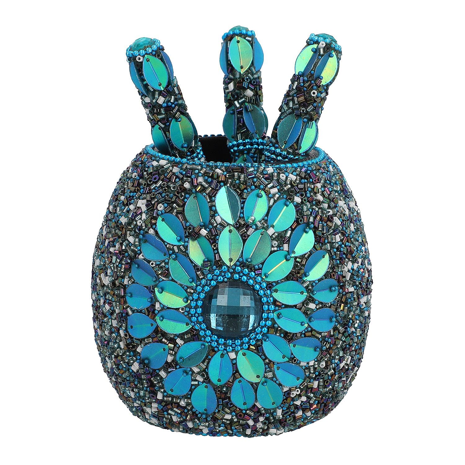 Handcrafted Set of 3 Blue Rhinestone Beaded Pens with Matching Holder Colour - Blue