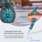 Handcrafted Set of 3 Blue Rhinestone Beaded Pens with Matching Holder Colour - Blue