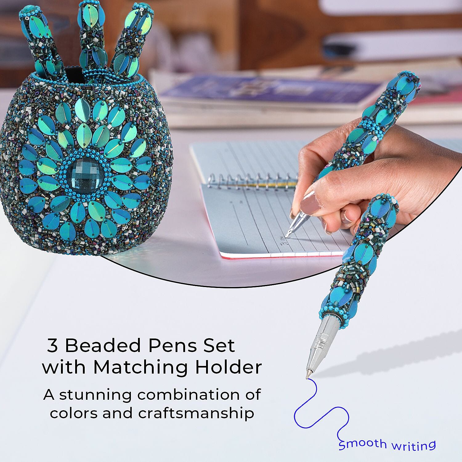 Handcrafted Set of 3 Blue Rhinestone Beaded Pens with Matching Holder Colour - Blue