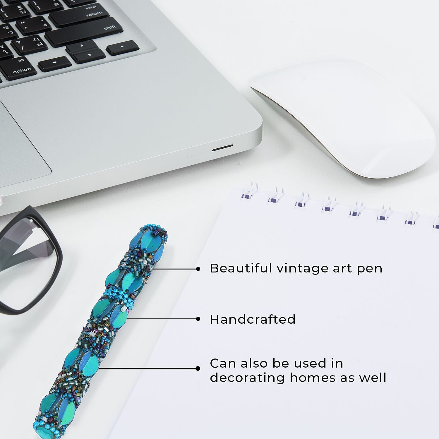 Handcrafted Set of 3 Blue Rhinestone Beaded Pens with Matching Holder Colour - Blue