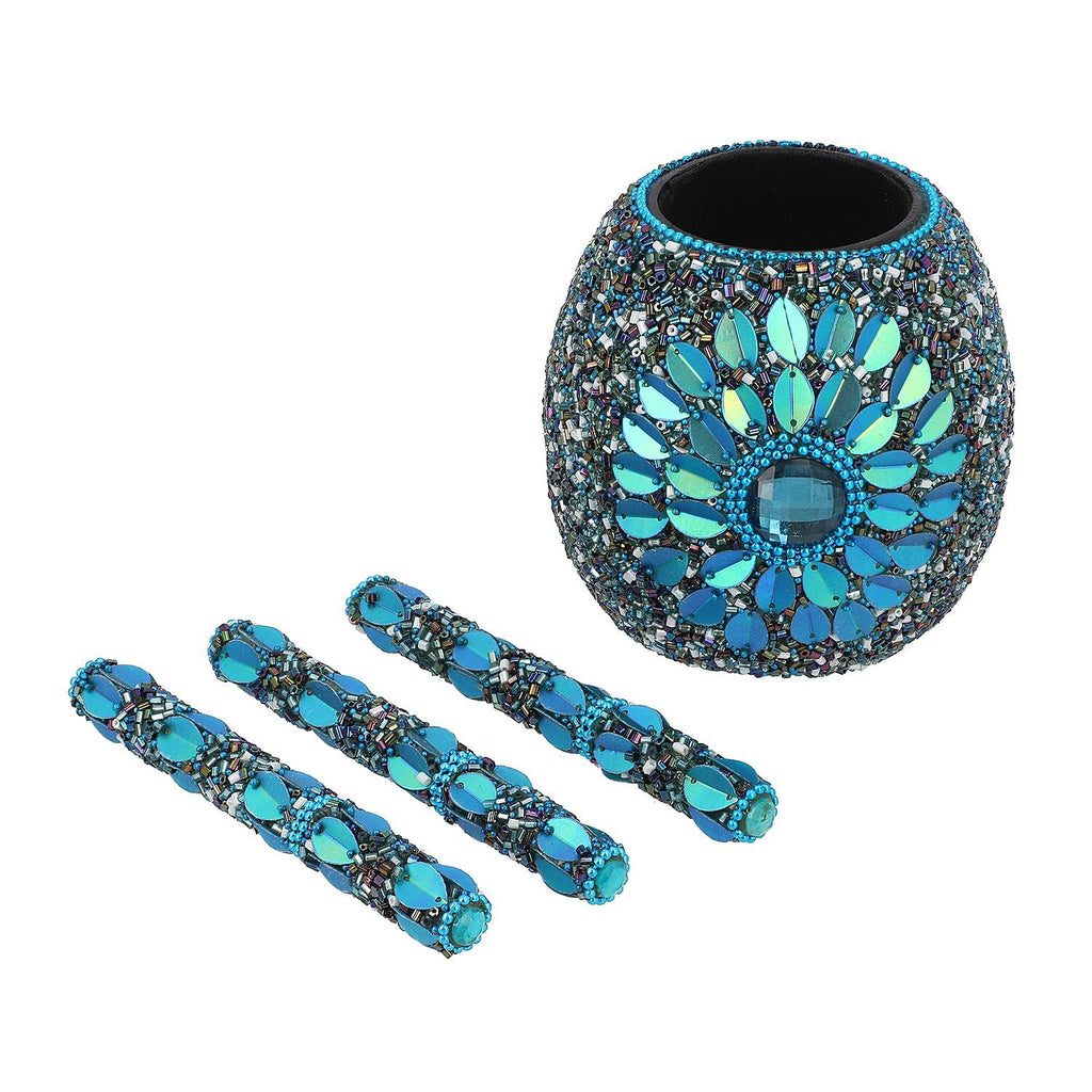 Handcrafted Set of 3 Blue Rhinestone Beaded Pens with Matching Holder Colour - Blue