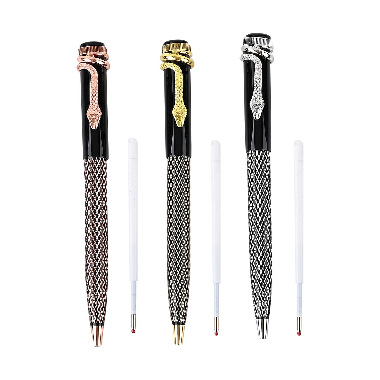 Set of 3 Pens with 3 Blue Replacement Ink - Rose Gold, Gold & Silver