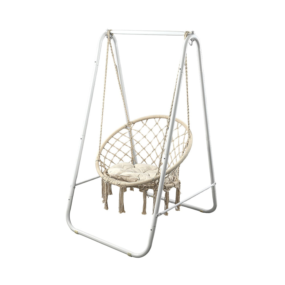 Boho Macrame Garden Hanging Egg Chair with Stand - Cream