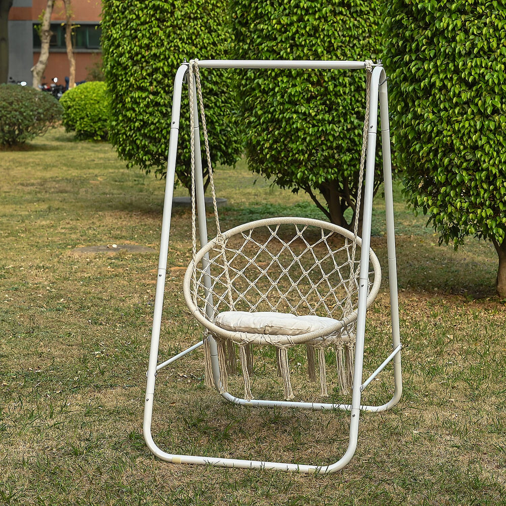 Boho Macrame Garden Hanging Egg Chair with Stand - Cream