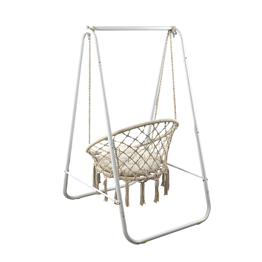 Boho Macrame Garden Hanging Egg Chair with Stand - Cream
